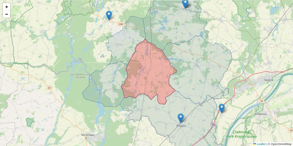 Szczegółowa mapa kodu pocztowego 86-182 z granicami, sąsiednimi kodami pocztowymi i urzędami pocztowymi