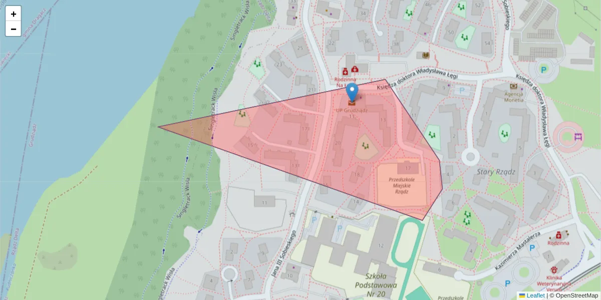 Szczegółowa mapa kodu pocztowego 86-309 z granicami, sąsiednimi kodami pocztowymi i urzędami pocztowymi