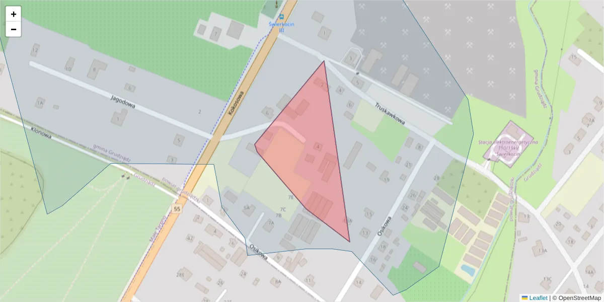 Szczegółowa mapa kodu pocztowego 86-323 z granicami, sąsiednimi kodami pocztowymi i urzędami pocztowymi