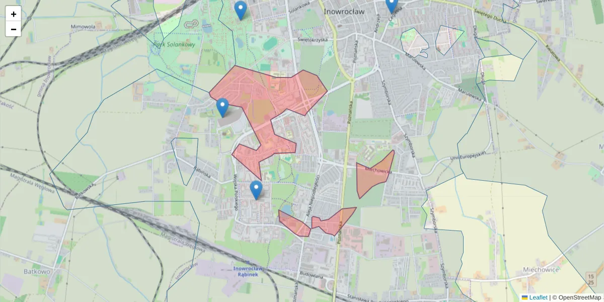 Szczegółowa mapa kodu pocztowego 88-106 z granicami, sąsiednimi kodami pocztowymi i urzędami pocztowymi