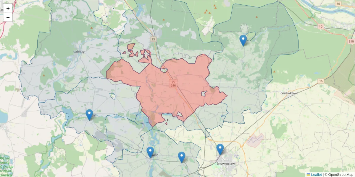 Szczegółowa mapa kodu pocztowego 88-180 z granicami, sąsiednimi kodami pocztowymi i urzędami pocztowymi