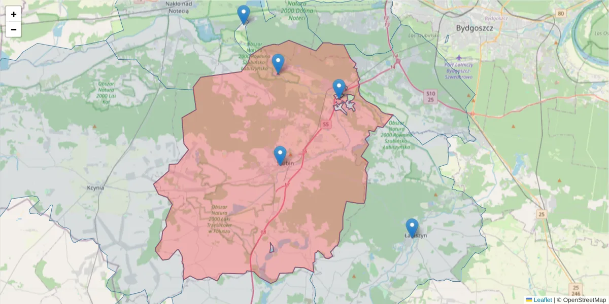 Szczegółowa mapa kodu pocztowego 89-200 z granicami, sąsiednimi kodami pocztowymi i urzędami pocztowymi