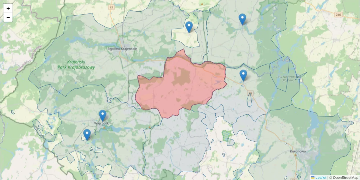 Szczegółowa mapa kodu pocztowego 89-412 z granicami, sąsiednimi kodami pocztowymi i urzędami pocztowymi