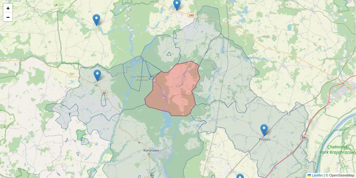 Szczegółowa mapa kodu pocztowego 89-525 z granicami, sąsiednimi kodami pocztowymi i urzędami pocztowymi