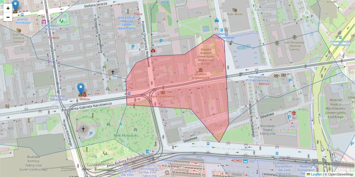 Szczegółowa mapa kodu pocztowego 90-125 z granicami, sąsiednimi kodami pocztowymi i urzędami pocztowymi