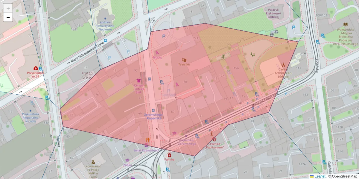 Szczegółowa mapa kodu pocztowego 90-502 z granicami, sąsiednimi kodami pocztowymi i urzędami pocztowymi