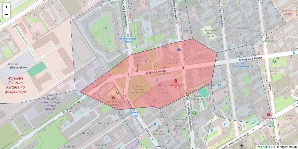Szczegółowa mapa kodu pocztowego 90-557 z granicami, sąsiednimi kodami pocztowymi i urzędami pocztowymi