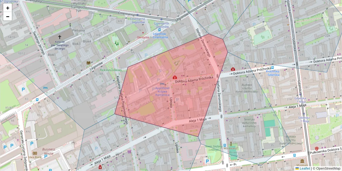 Szczegółowa mapa kodu pocztowego 90-712 z granicami, sąsiednimi kodami pocztowymi i urzędami pocztowymi