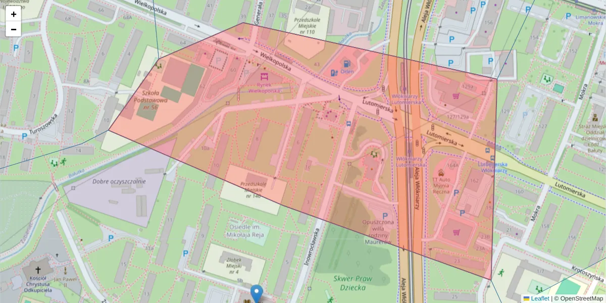 Szczegółowa mapa kodu pocztowego 91-020 z granicami, sąsiednimi kodami pocztowymi i urzędami pocztowymi