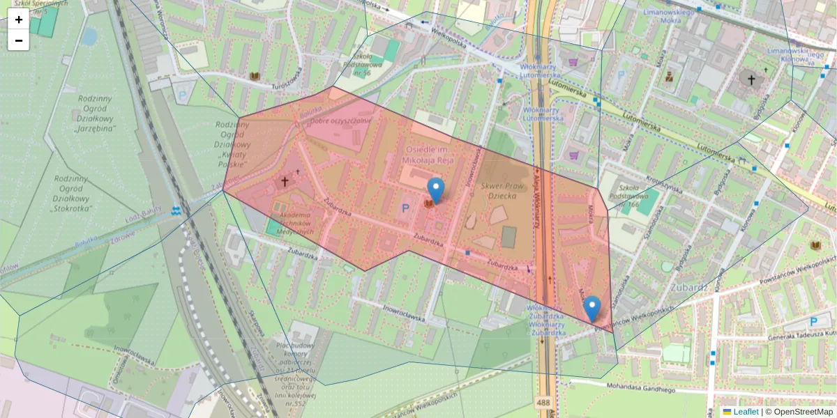 Szczegółowa mapa kodu pocztowego 91-022 z granicami, sąsiednimi kodami pocztowymi i urzędami pocztowymi