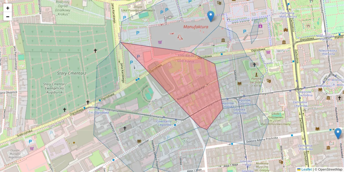 Szczegółowa mapa kodu pocztowego 91-067 z granicami, sąsiednimi kodami pocztowymi i urzędami pocztowymi