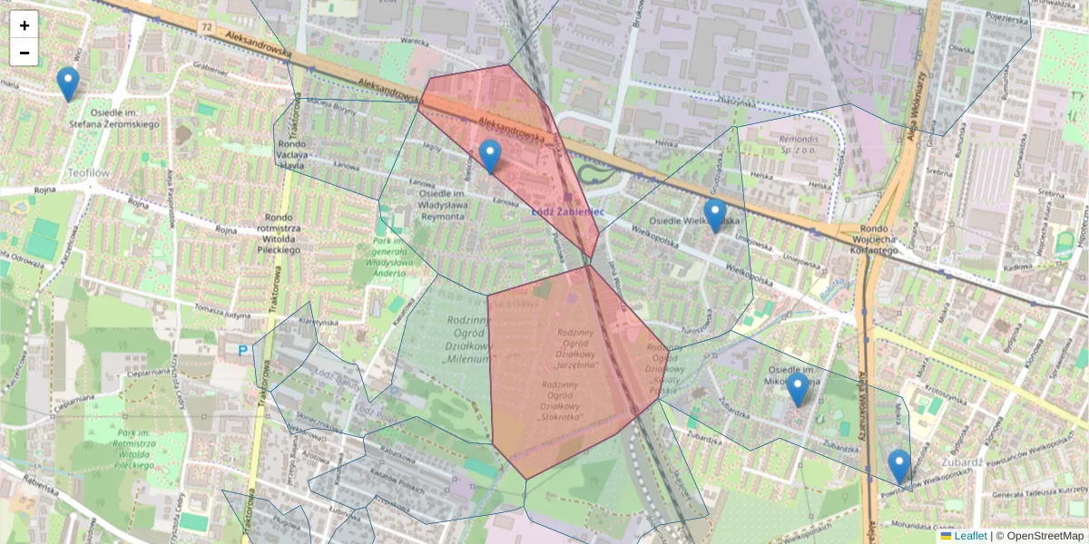 Szczegółowa mapa kodu pocztowego 91-104 z granicami, sąsiednimi kodami pocztowymi i urzędami pocztowymi