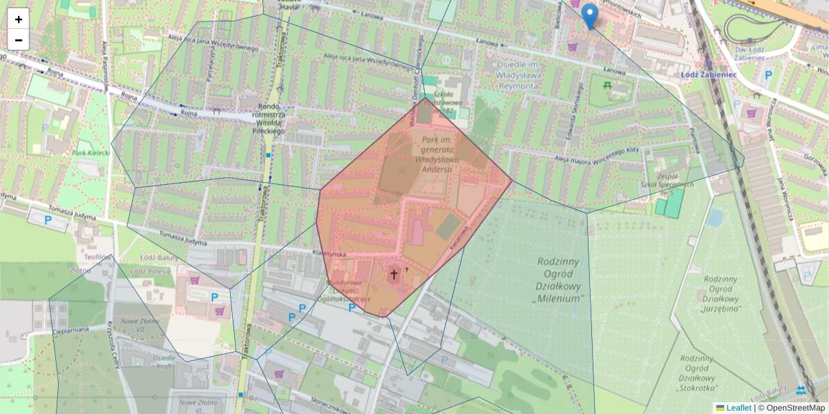 Szczegółowa mapa kodu pocztowego 91-117 z granicami, sąsiednimi kodami pocztowymi i urzędami pocztowymi