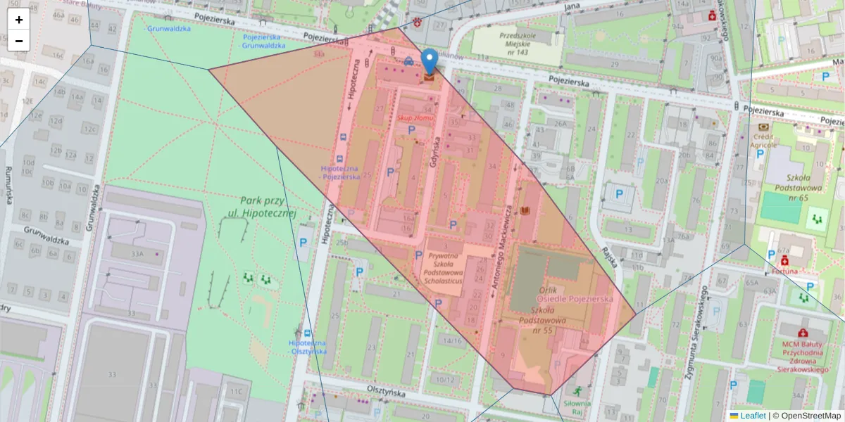 Szczegółowa mapa kodu pocztowego 91-349 z granicami, sąsiednimi kodami pocztowymi i urzędami pocztowymi