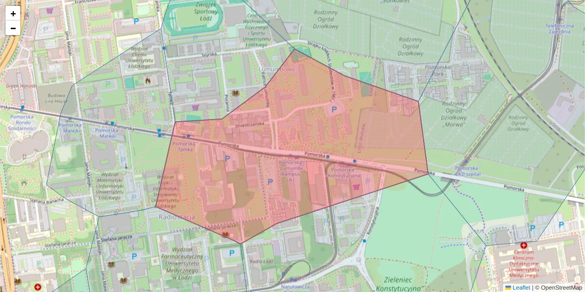 Szczegółowa mapa kodu pocztowego 91-404 z granicami, sąsiednimi kodami pocztowymi i urzędami pocztowymi