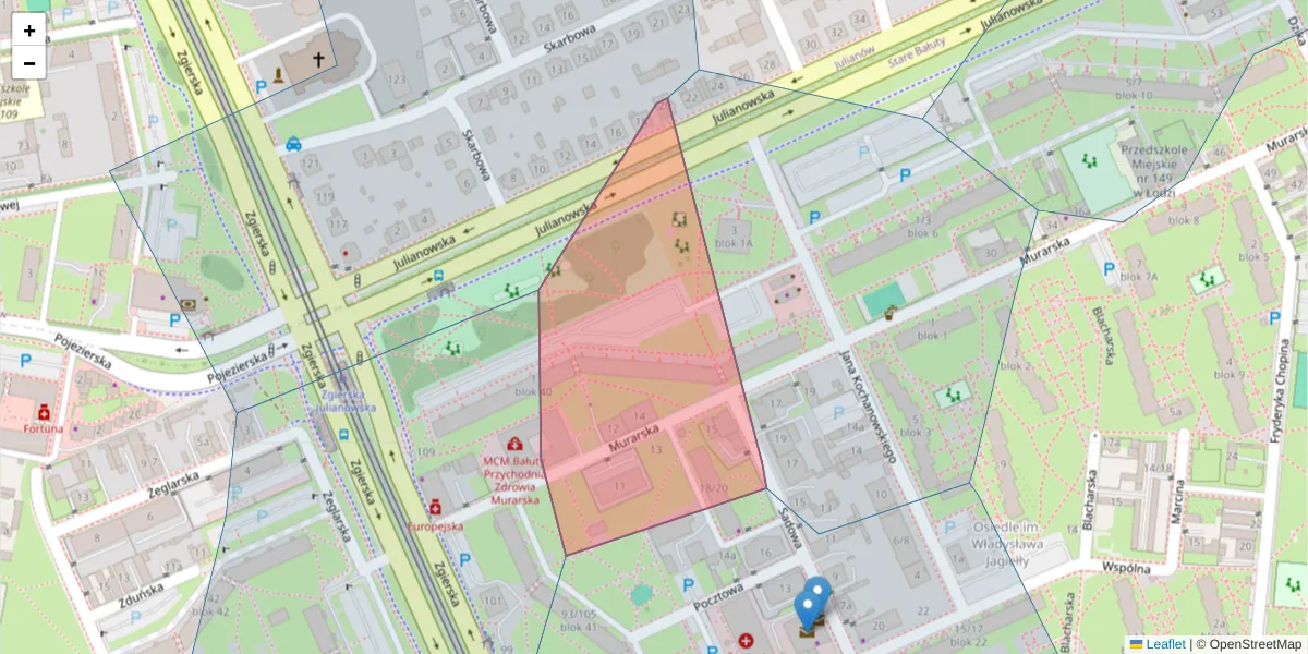 Szczegółowa mapa kodu pocztowego 91-465 z granicami, sąsiednimi kodami pocztowymi i urzędami pocztowymi
