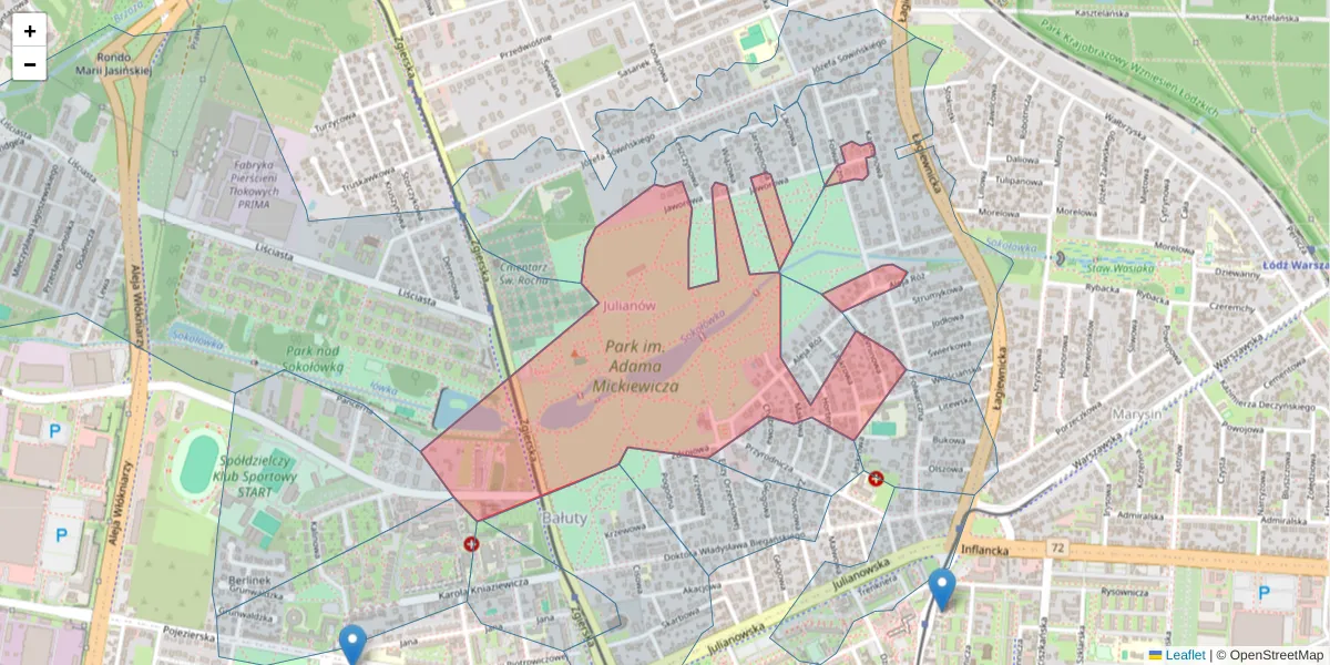 Szczegółowa mapa kodu pocztowego 91-488 z granicami, sąsiednimi kodami pocztowymi i urzędami pocztowymi
