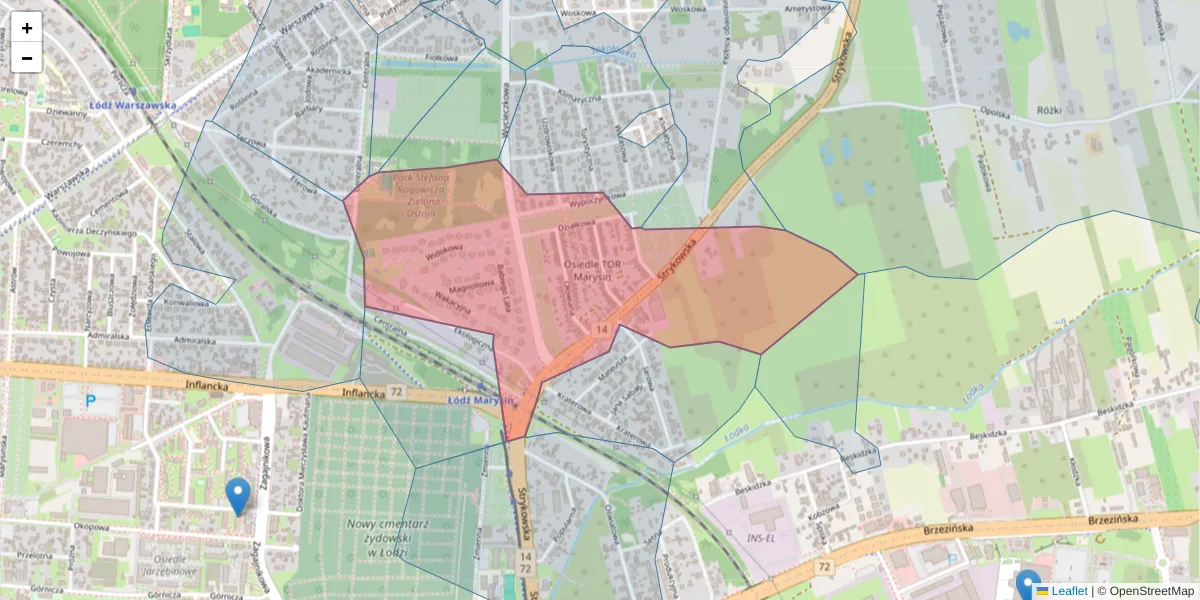 Szczegółowa mapa kodu pocztowego 91-614 z granicami, sąsiednimi kodami pocztowymi i urzędami pocztowymi