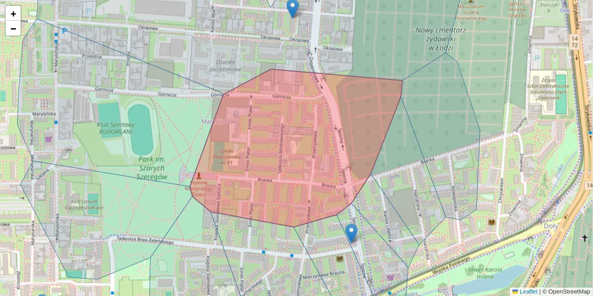 Szczegółowa mapa kodu pocztowego 91-704 z granicami, sąsiednimi kodami pocztowymi i urzędami pocztowymi