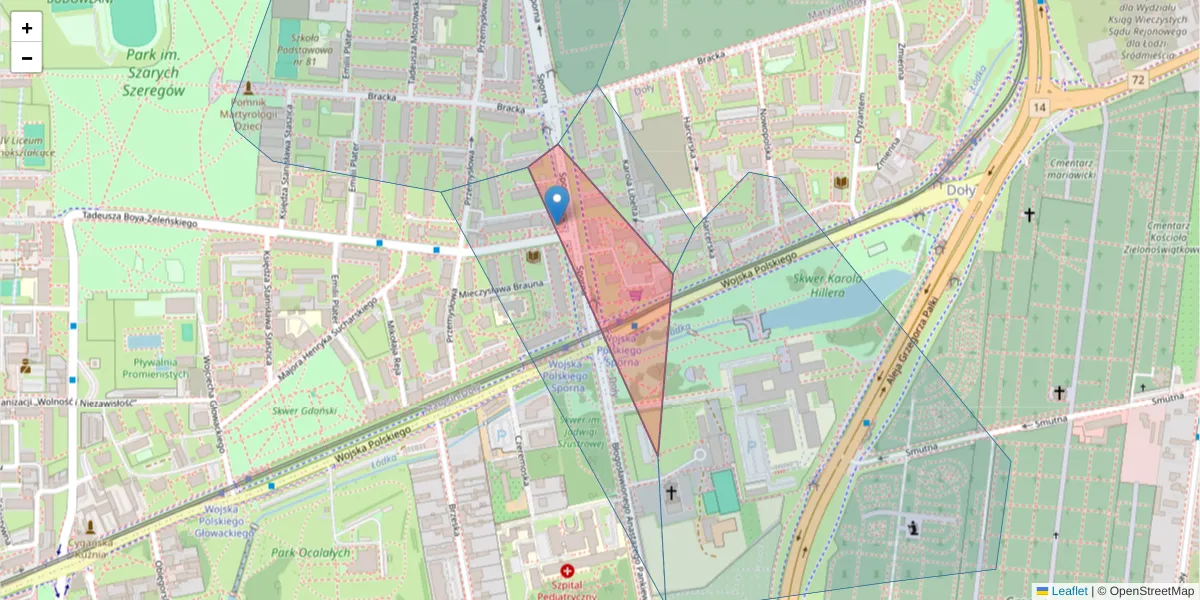 Szczegółowa mapa kodu pocztowego 91-708 z granicami, sąsiednimi kodami pocztowymi i urzędami pocztowymi