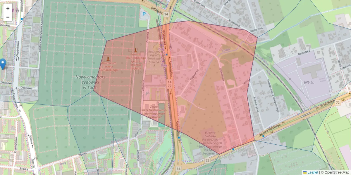 Szczegółowa mapa kodu pocztowego 91-725 z granicami, sąsiednimi kodami pocztowymi i urzędami pocztowymi