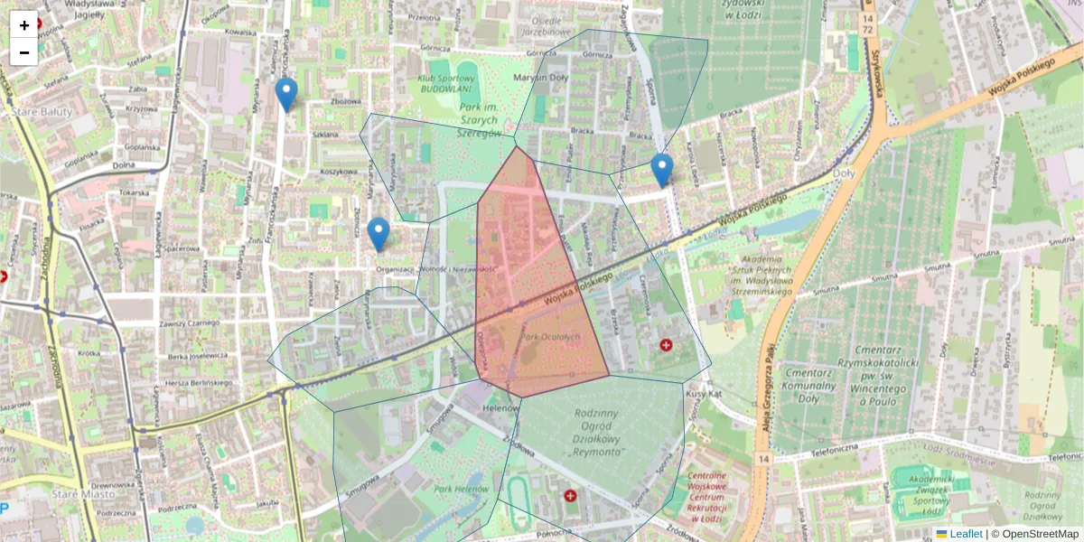 Szczegółowa mapa kodu pocztowego 91-734 z granicami, sąsiednimi kodami pocztowymi i urzędami pocztowymi