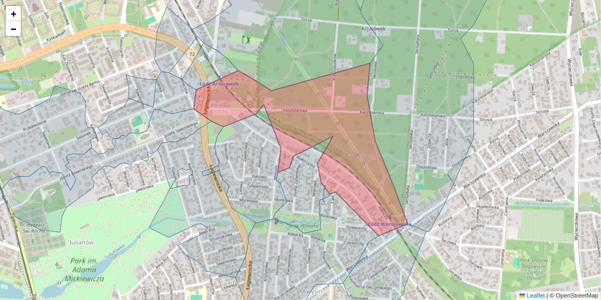 Szczegółowa mapa kodu pocztowego 91-865 z granicami, sąsiednimi kodami pocztowymi i urzędami pocztowymi