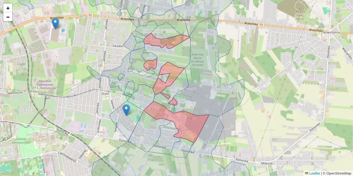 Szczegółowa mapa kodu pocztowego 92-006 z granicami, sąsiednimi kodami pocztowymi i urzędami pocztowymi