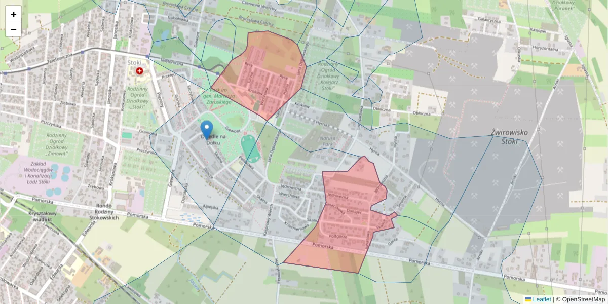 Szczegółowa mapa kodu pocztowego 92-007 z granicami, sąsiednimi kodami pocztowymi i urzędami pocztowymi