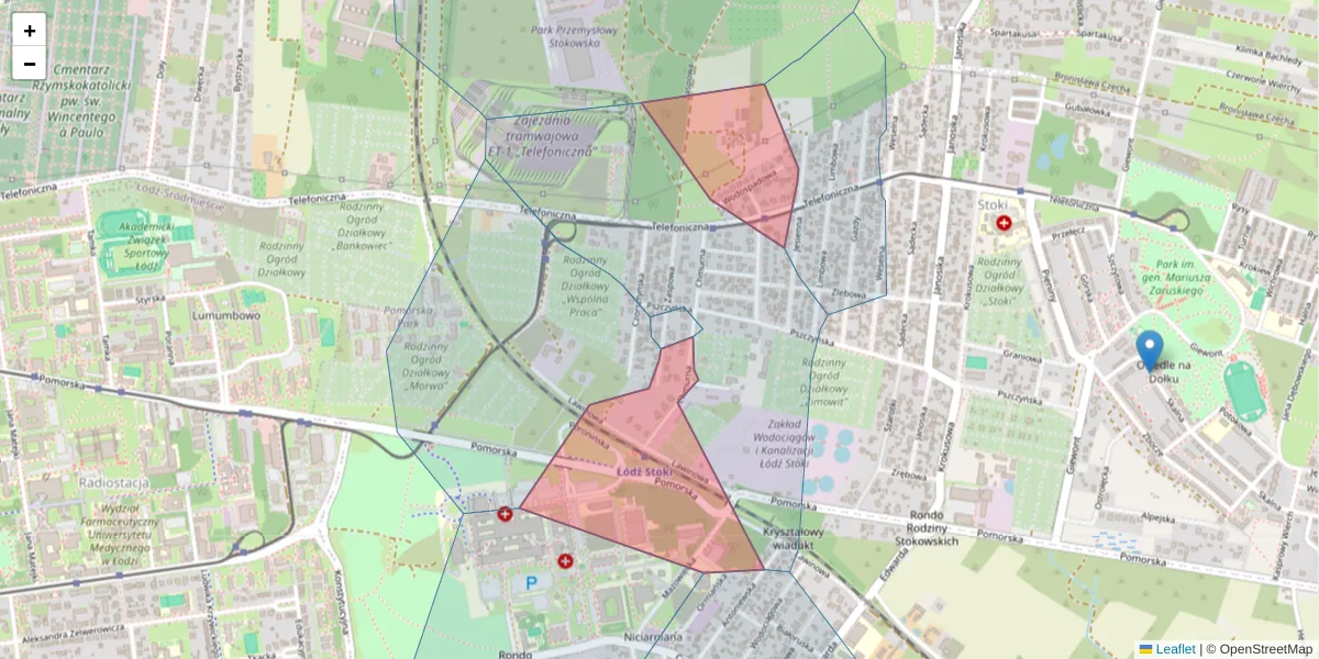 Szczegółowa mapa kodu pocztowego 92-018 z granicami, sąsiednimi kodami pocztowymi i urzędami pocztowymi