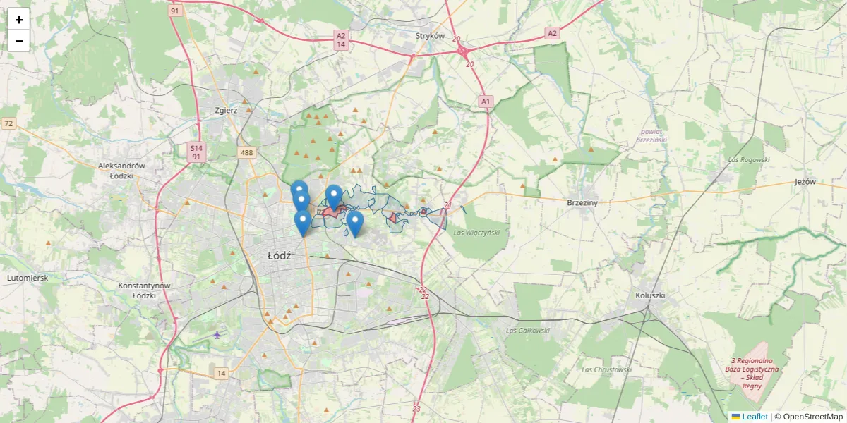 Szczegółowa mapa kodu pocztowego 92-103 z granicami, sąsiednimi kodami pocztowymi i urzędami pocztowymi