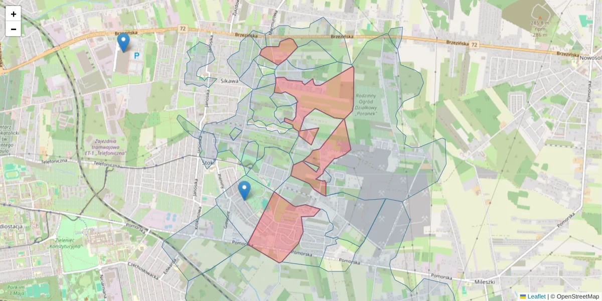 Szczegółowa mapa kodu pocztowego 92-117 z granicami, sąsiednimi kodami pocztowymi i urzędami pocztowymi