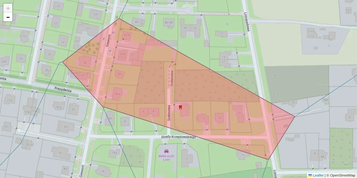 Szczegółowa mapa kodu pocztowego 92-122 z granicami, sąsiednimi kodami pocztowymi i urzędami pocztowymi