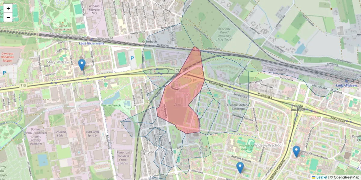 Szczegółowa mapa kodu pocztowego 92-229 z granicami, sąsiednimi kodami pocztowymi i urzędami pocztowymi