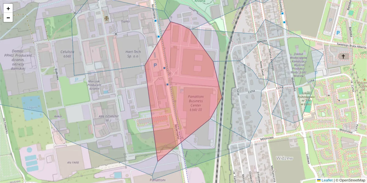 Szczegółowa mapa kodu pocztowego 92-320 z granicami, sąsiednimi kodami pocztowymi i urzędami pocztowymi