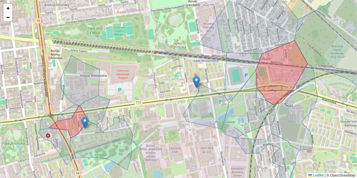 Szczegółowa mapa kodu pocztowego 92-332 z granicami, sąsiednimi kodami pocztowymi i urzędami pocztowymi