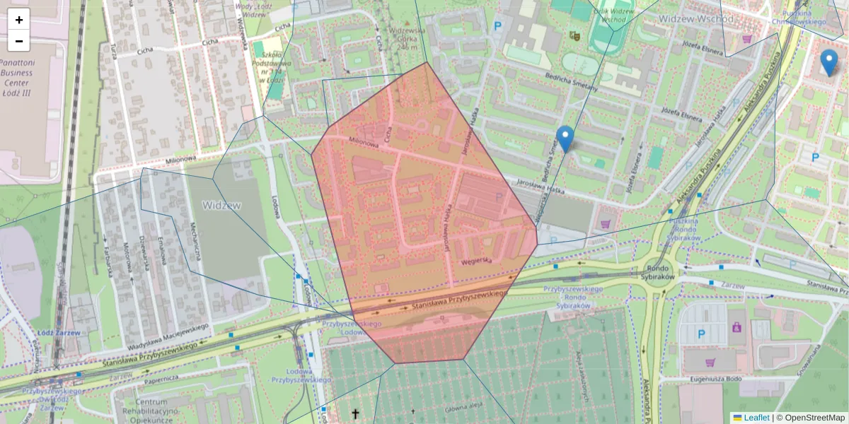 Szczegółowa mapa kodu pocztowego 92-335 z granicami, sąsiednimi kodami pocztowymi i urzędami pocztowymi