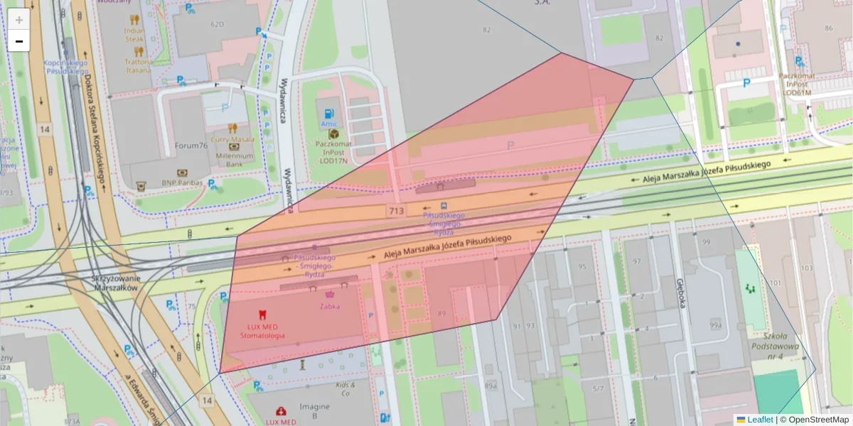 Szczegółowa mapa kodu pocztowego 92-368 z granicami, sąsiednimi kodami pocztowymi i urzędami pocztowymi
