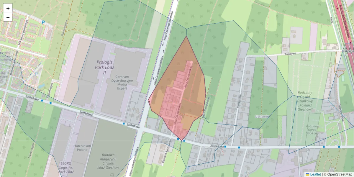 Szczegółowa mapa kodu pocztowego 92-407 z granicami, sąsiednimi kodami pocztowymi i urzędami pocztowymi