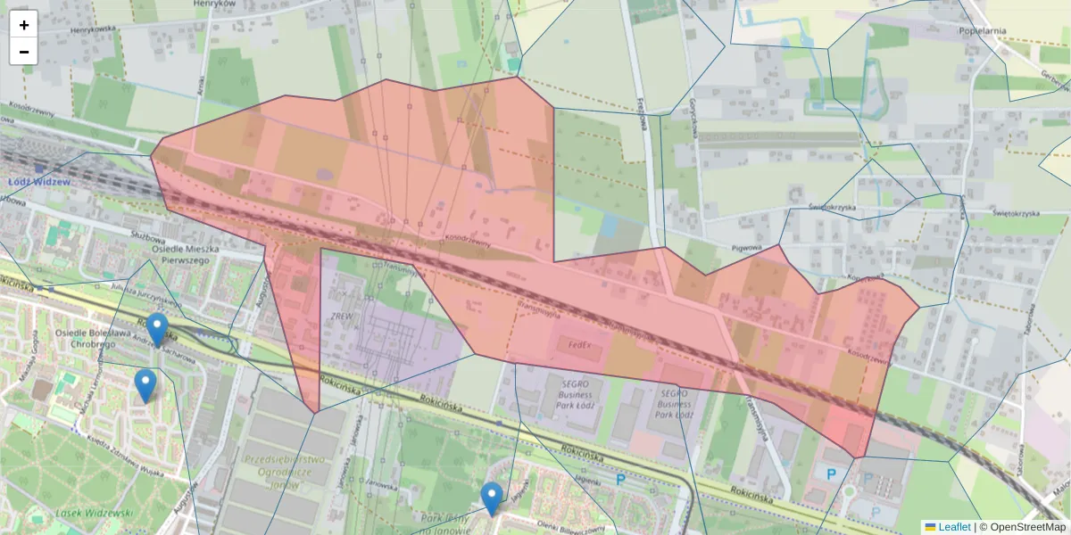 Szczegółowa mapa kodu pocztowego 92-411 z granicami, sąsiednimi kodami pocztowymi i urzędami pocztowymi