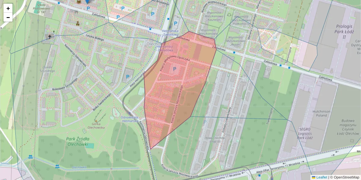 Szczegółowa mapa kodu pocztowego 92-417 z granicami, sąsiednimi kodami pocztowymi i urzędami pocztowymi