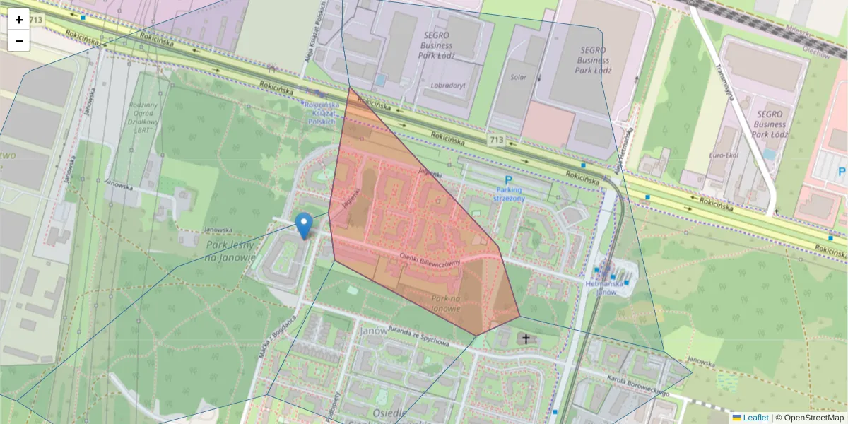 Szczegółowa mapa kodu pocztowego 92-437 z granicami, sąsiednimi kodami pocztowymi i urzędami pocztowymi