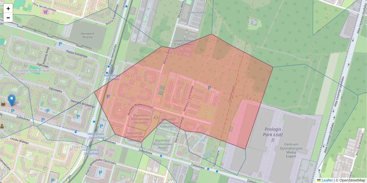 Szczegółowa mapa kodu pocztowego 92-446 z granicami, sąsiednimi kodami pocztowymi i urzędami pocztowymi