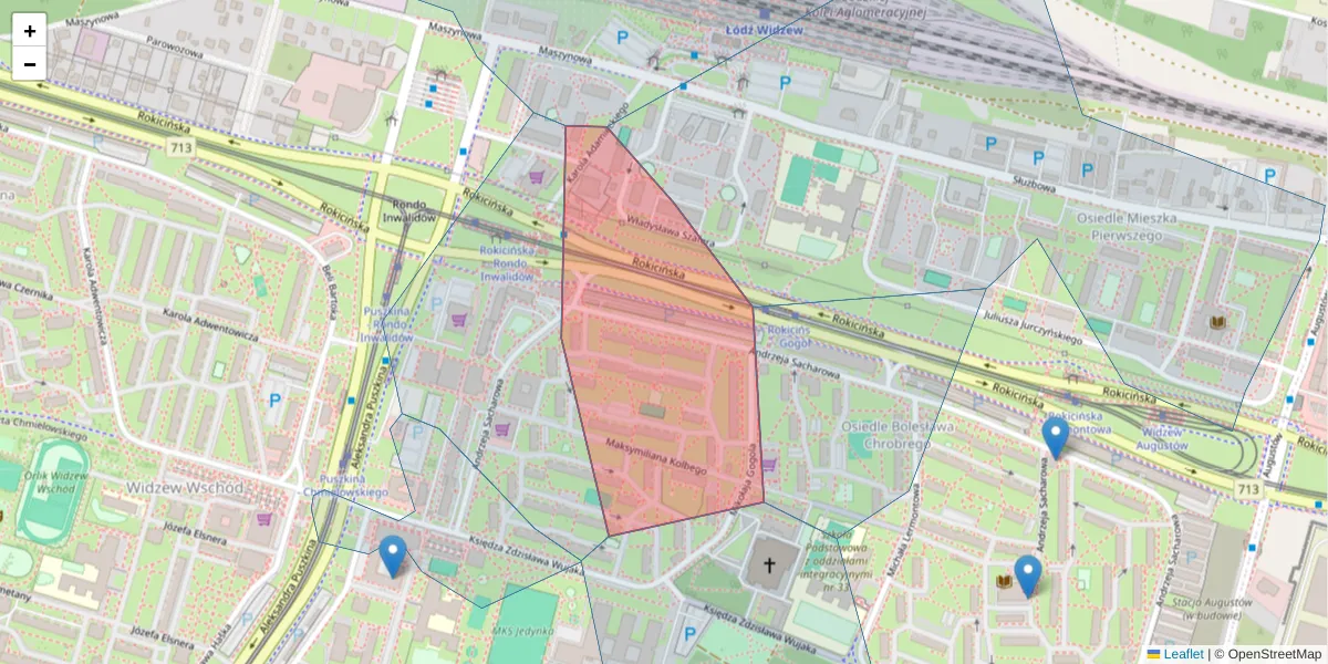 Szczegółowa mapa kodu pocztowego 92-524 z granicami, sąsiednimi kodami pocztowymi i urzędami pocztowymi