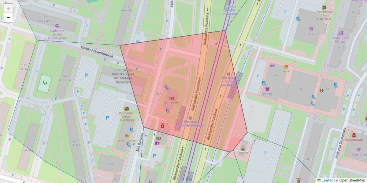 Szczegółowa mapa kodu pocztowego 92-530 z granicami, sąsiednimi kodami pocztowymi i urzędami pocztowymi