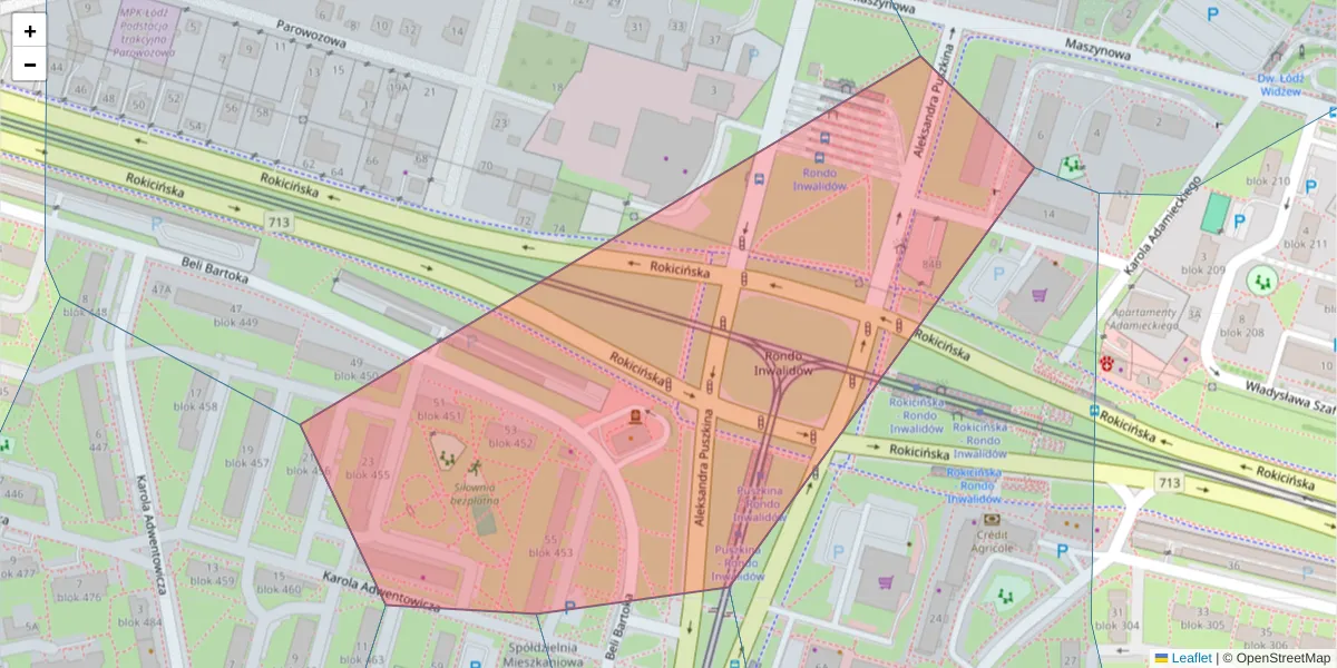 Szczegółowa mapa kodu pocztowego 92-533 z granicami, sąsiednimi kodami pocztowymi i urzędami pocztowymi