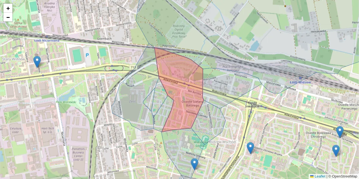 Szczegółowa mapa kodu pocztowego 92-544 z granicami, sąsiednimi kodami pocztowymi i urzędami pocztowymi