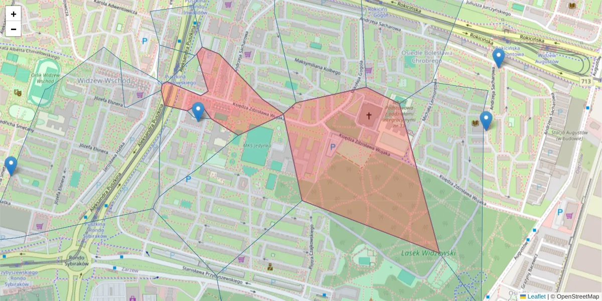 Szczegółowa mapa kodu pocztowego 92-551 z granicami, sąsiednimi kodami pocztowymi i urzędami pocztowymi