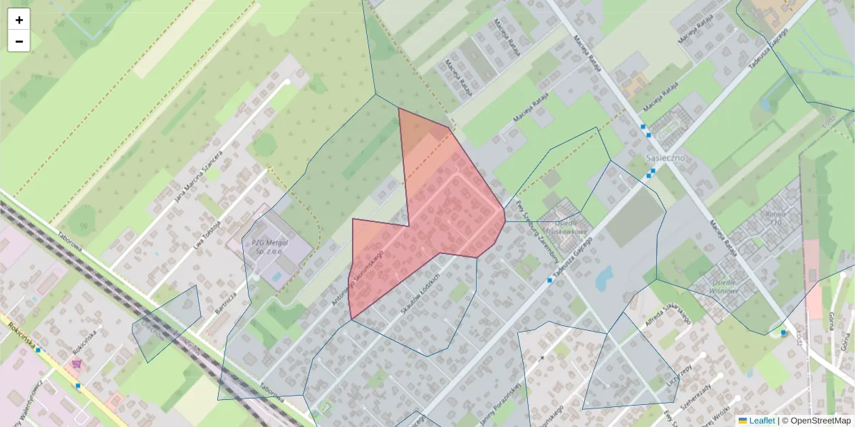 Szczegółowa mapa kodu pocztowego 92-611 z granicami, sąsiednimi kodami pocztowymi i urzędami pocztowymi