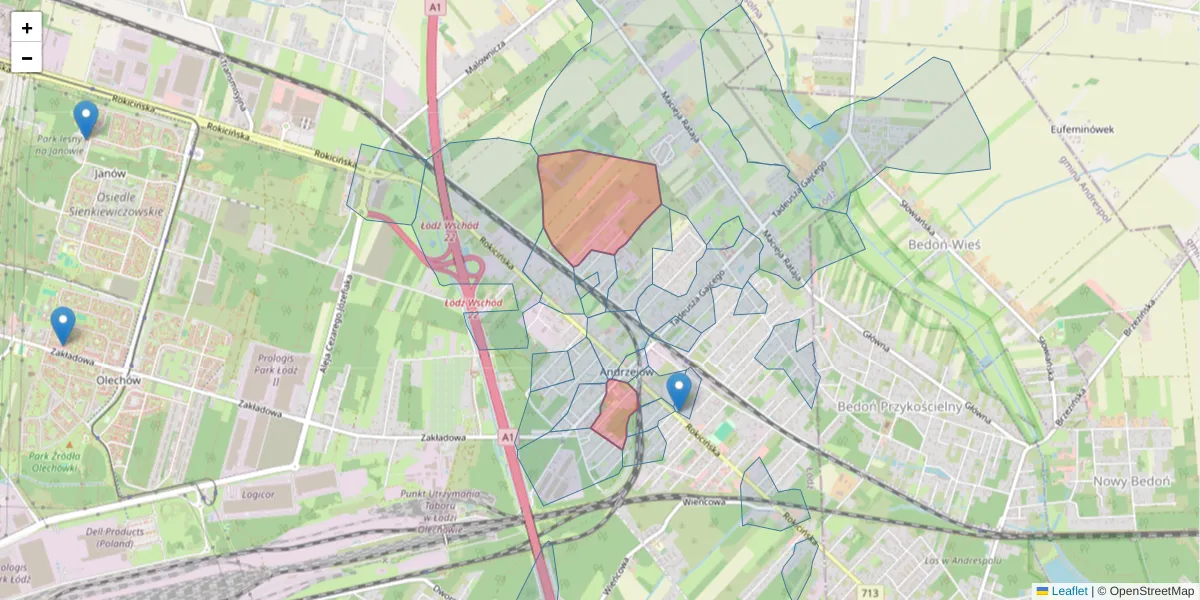 Szczegółowa mapa kodu pocztowego 92-613 z granicami, sąsiednimi kodami pocztowymi i urzędami pocztowymi